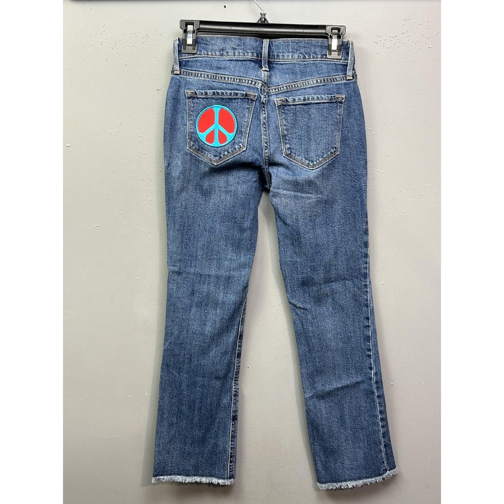 Old Navy Jeans Womens 0 Blue Low Rise Flare Nirvana Patch Peace‎ Sign Frayed Hem